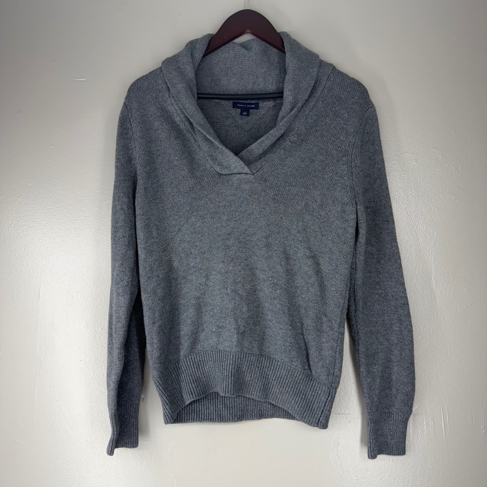 Tommy Hilfiger Womens Gray Shawl Collar Cotton Blend Knit Sweater Size L - Picture 1 of 7